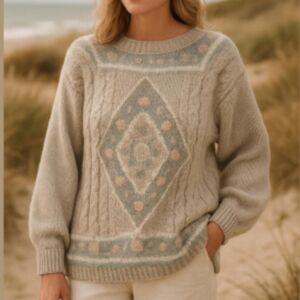 Vintage Floral Beige Neutral Chunky Knit Sweater Coastal Size Large